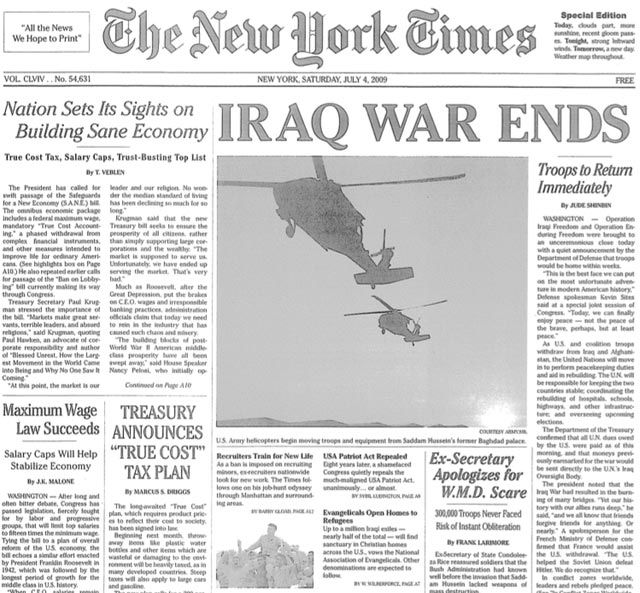 A scan of the Fake NY Times print version, above the fold